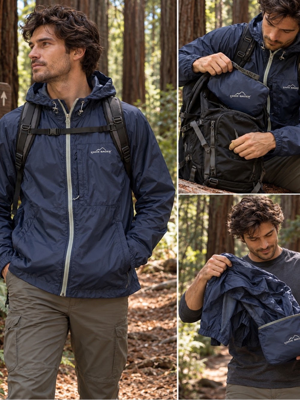 Eddie Bauer Packable Anorak Jacket Mens Tall XL Navy Hooded Windbreaker